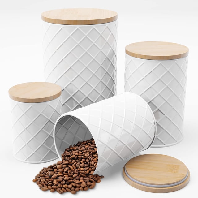 White Canister Sets for Kitchen Counter, Kitchen Canisters Set of 4, Airtight Countertop Flour and Sugar Containers, Coffee and Tea Storage, Modern Farmhouse Kitchen Decor, Metal
