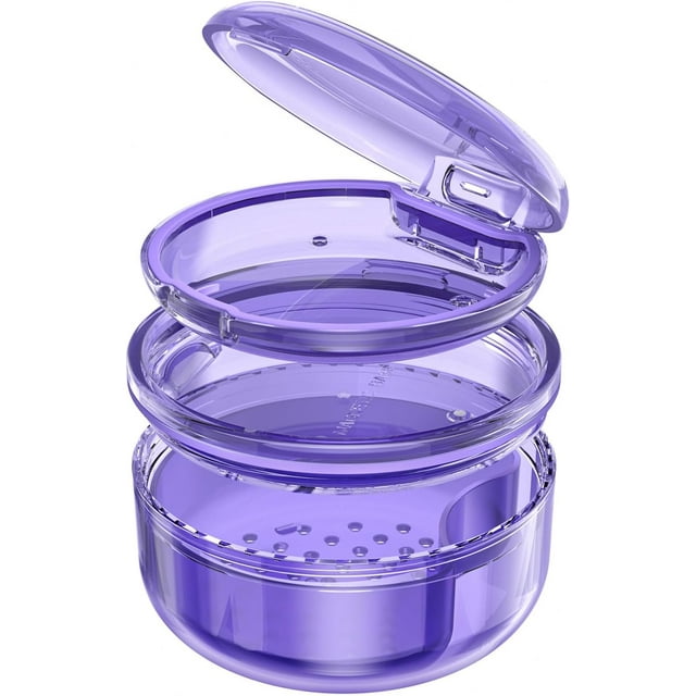 2-in-1 Retainer Case & Denture Cup for Soaking Dentures \u2013 Storage & Bath Case for Retainers, Mouth Guards, Night Guards, False Teeth \u2013 Lightweight PC Material, Travel-Friendly (Purple)
