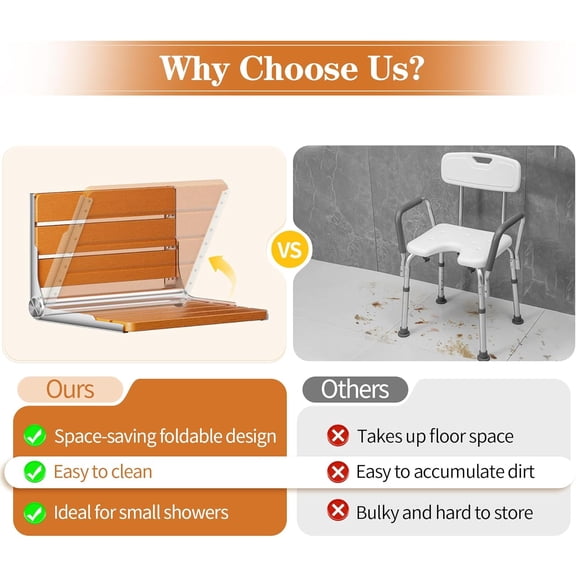 Folding Shower Seat Wall Mounted, 15 Inch Teak Bench for Elderly with 400 lbs Capacity