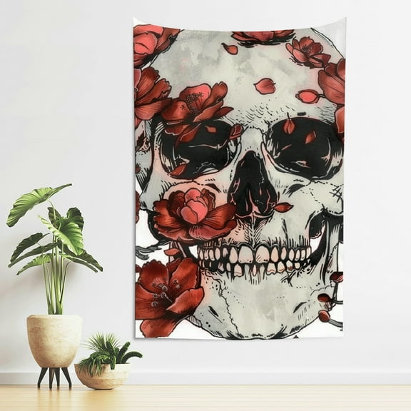 Creowell Skull Red Flowers Grunge Aesthetic Tapestry Wall Hanging 40*60in