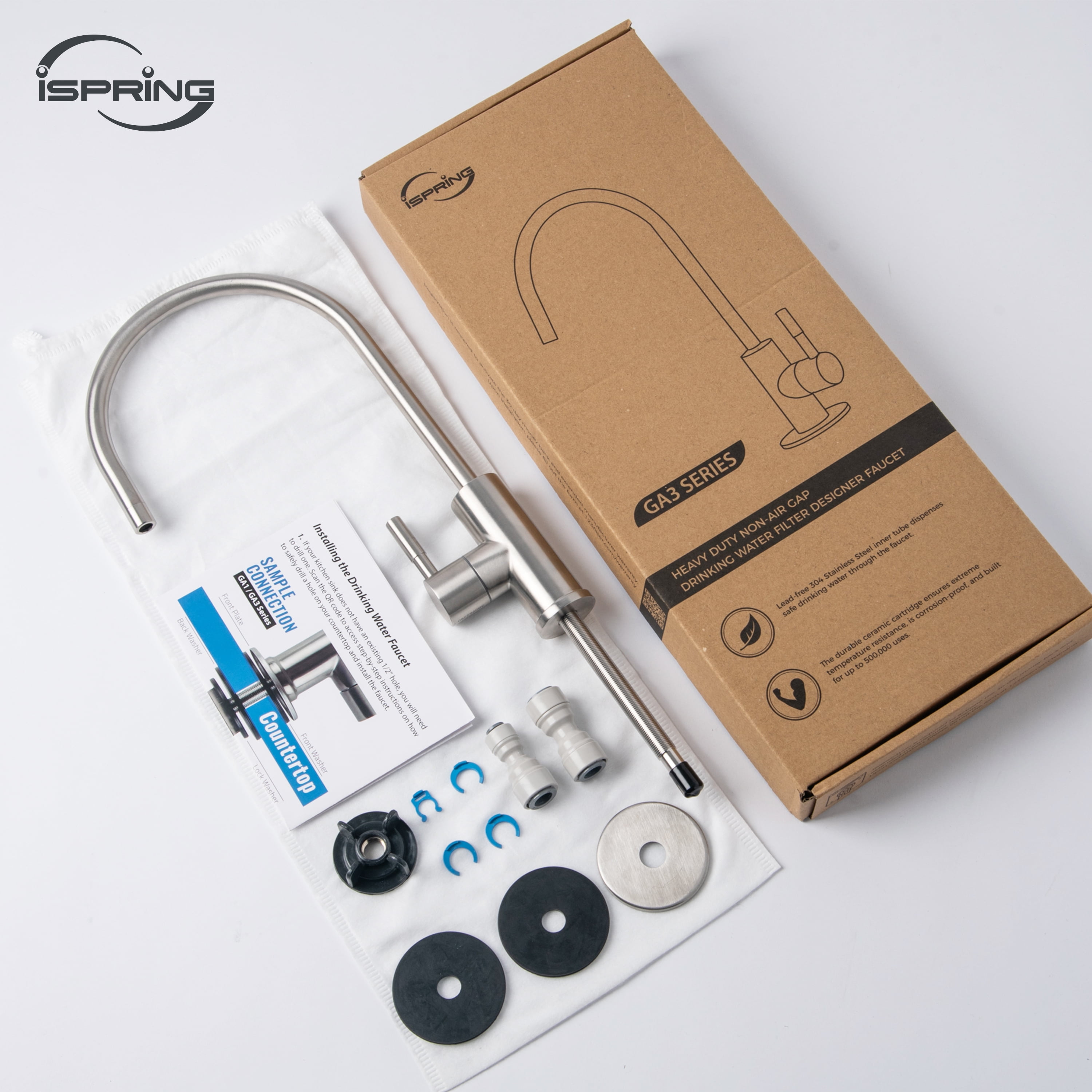 iSpring GA3-BN Drinking Water Faucet for Kitchen Sink with 3/8" Connector, Heavy Duty Lead-Free Reverse Osmosis Faucet for RO System, Non-Air Gap 100% Stainless Steel RO Faucet, Brushed Nickel Finish