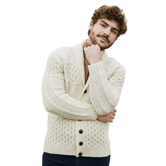 SAOL 100% Merino Wool Aran Men's Shawl Collar Cardigan Sweater Cable Knit Jacket Made in Ireland