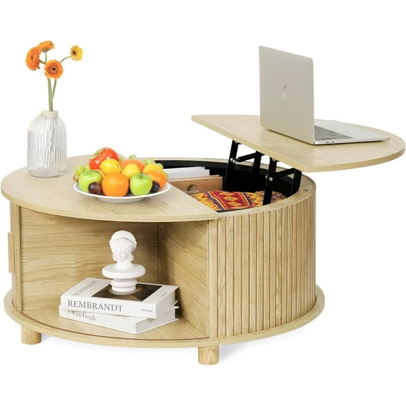 Round Coffee Table with Lifting Top, Small Circle Coffee Table with Storage, Mid Century Modern Center Table with 180° Sliding Tambour Door, Wood Fluted Dining Table for Living Room, Natural
