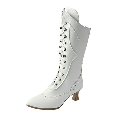 

Street Casual Female Boots Womens Foreign Trade Autumn And Winter New Mid Heel White Lace Up Fashion Mid Boots