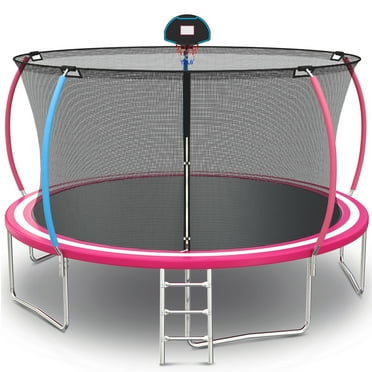 14FT Outdoor Trampoline with Basketball Hoop, Seizeen Large Trampoline for Kids,  Metal Trampoline with Safe Padded, Enclosure Net and Ladder