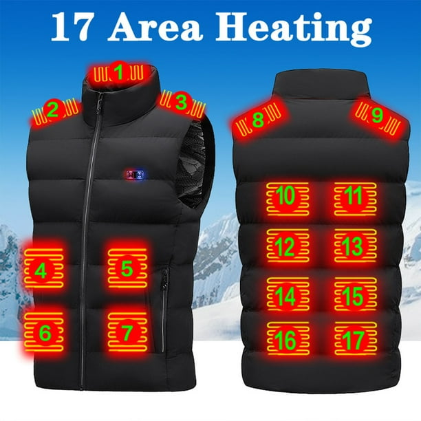 Chaleco calefactable de 17 zonas para hombre y mujer, unisex, de invierno, con calefacción por USB y 3 zonas de calefacción.