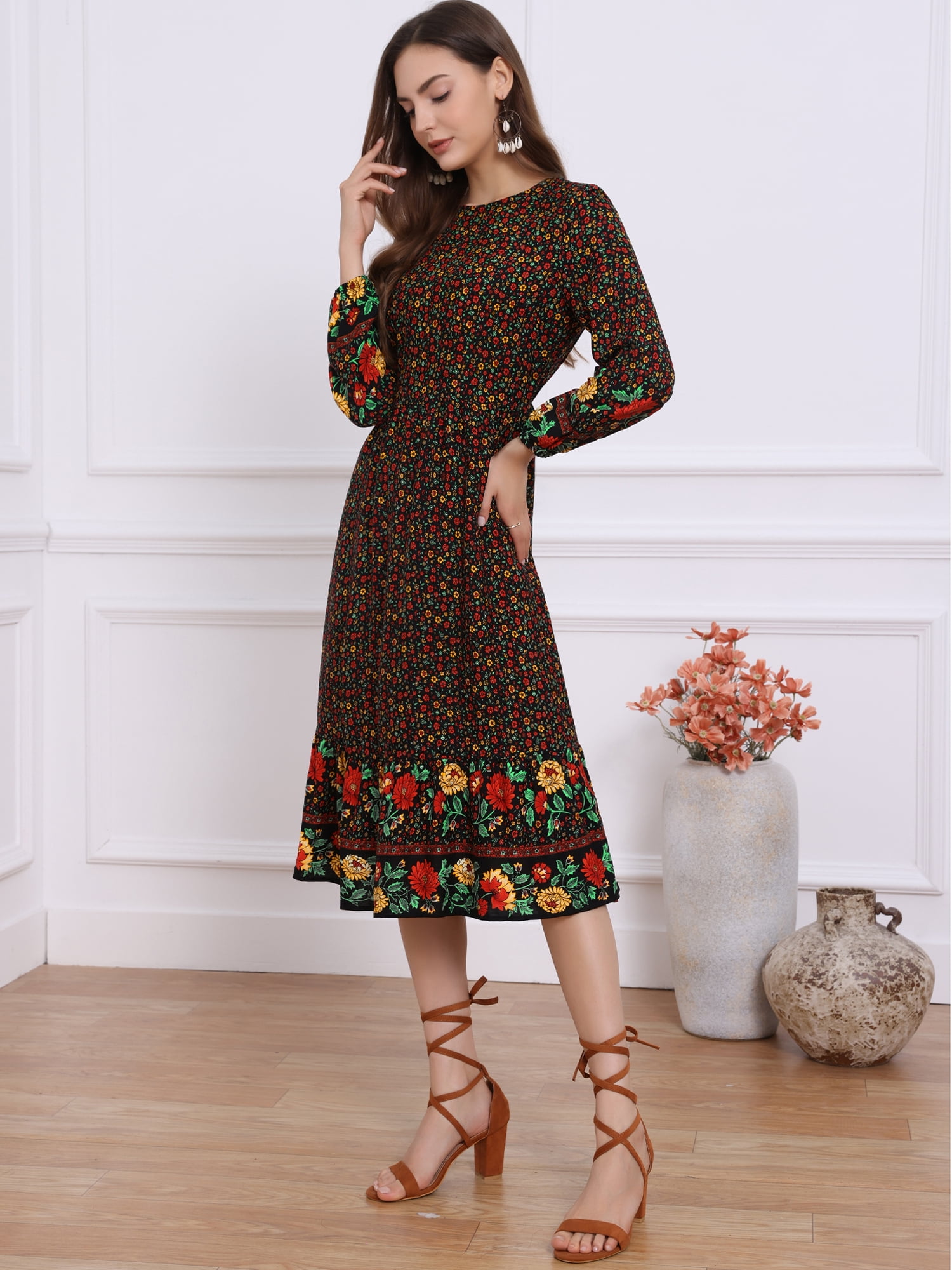 DARING DIVA Women's Boho Floral Long Sleeves Elastic Waist Midi Dresses S Black White