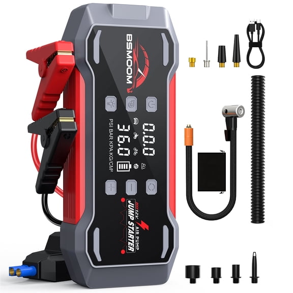BSMOOM 9000A Car Jump Starter with Air Compressor, 12V Portable Car Battery Jump Box Power Pack with 150PSI Tire Inflator & LCD Display, LED Light, Jumper Cable (Up to 10L Gasoline/8L Diesel Engine)