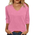 thumbnail image 3 of V Neck T Shirts Liweisiy For Womens Summer Elbow Sleeve Solid Color Relaxed Fit Shirts Solid Color Loose Trendy Classic Tops Pink L, 3 of 7