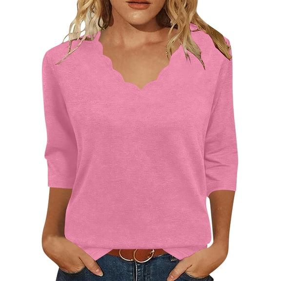 Aofany Women's Casual 3/4 Sleeve Length T-Shirts Tunic Tops V Neck Loose Fit Basic Tee Solid Color Blouse for Work Daily