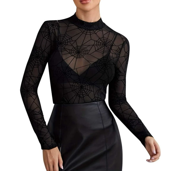 DAFPZW Women's Star Mesh See Through Mock Neck Long Sleeve Tops Tee T-Shirt