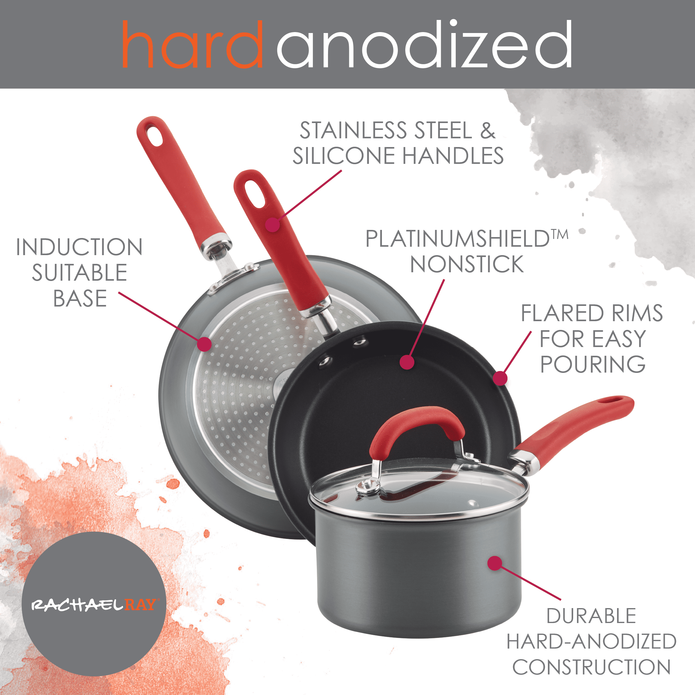 Rachael Ray 12.5" Create Delicious Hard-Anodized Aluminum Nonstick Deep Frying Pan, Red Handle