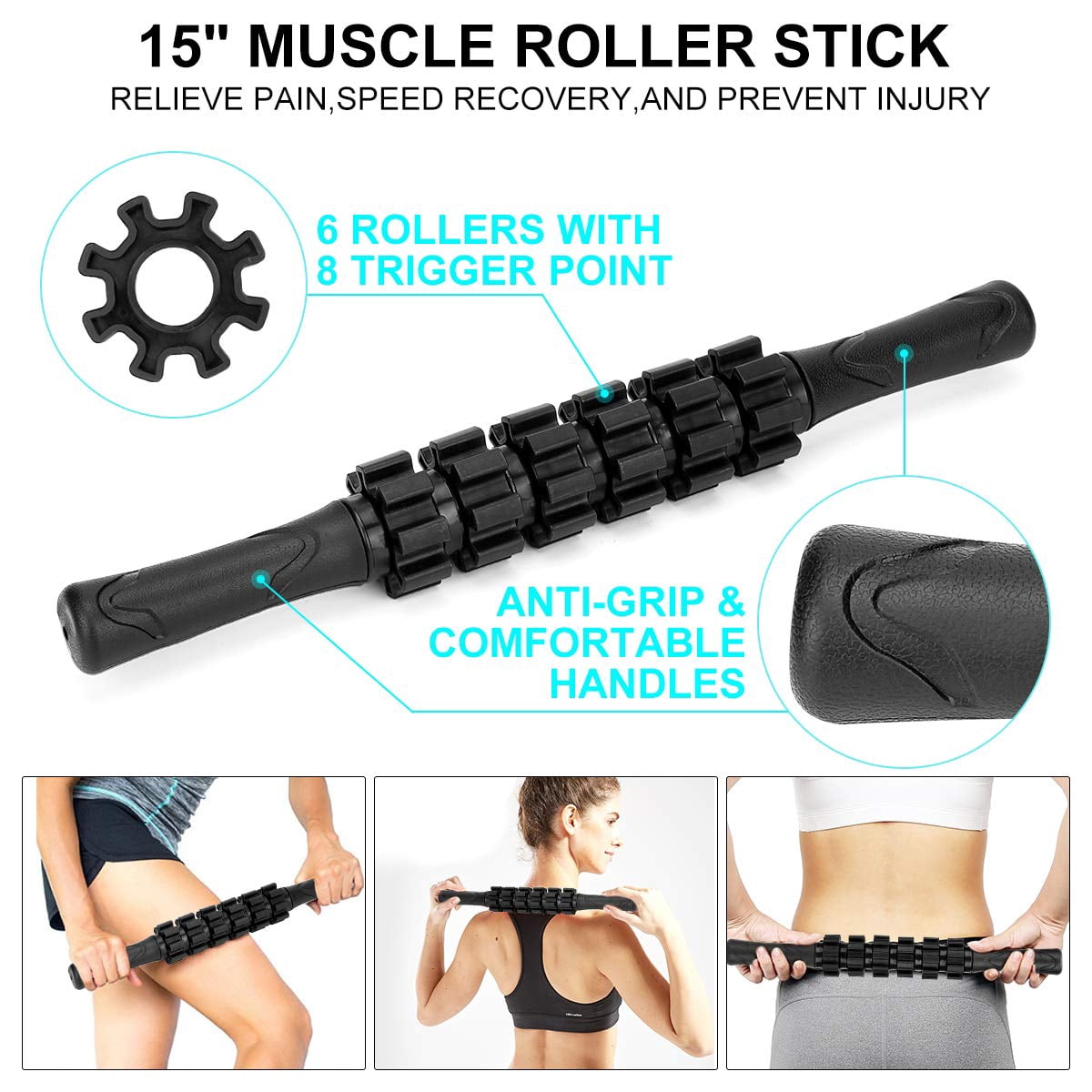 Foam Roller Set - High Density  Stick 2 Foot Fasciitis Ball Stretching Strap For Whole Body Physical & Exercise Yoga Leg Deep Tissue