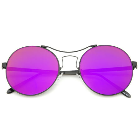 sunglassLA - Modern Thin Metal Frame Curved Brow Bar Colored Mirror Flat Lens Round Sunglasses - 55mm