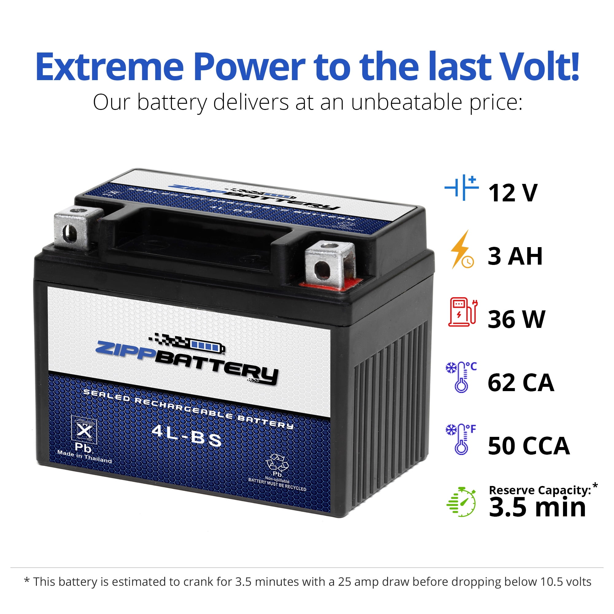 Zipp Battery YTX4L-BS (4L-BS 12 Volt,3 Ah, 50 CCA) Sealed AGM 12V (12 Volt) 50cca  Battery