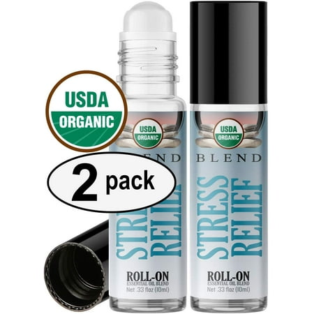 Organic Stress Relief blend Essential Oil Roll On (2 PACK - USDA CERTIFIED ORGANIC) Pre-diluted with Glass Roller Ball - 10ml (Best Carrier Oil For Roller Ball)