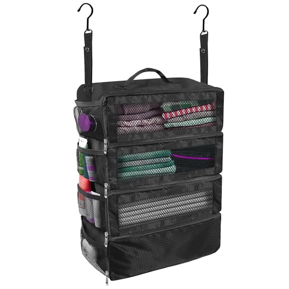 4 Layer Hanging Clothes Organizer, Foldable Travel Storage Bag with 360° Hook & Side Pockets, Oxford Fabric Suitcase Organizer for Closet & Carry On