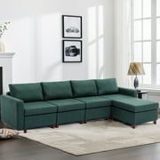 Modern Green 4-Seat Sectional Sofa with Ottoman, Linen Finish, Wood Frame & Plush Foam Filling, Designed for Primary Living Spaces, Cushions Not Removable