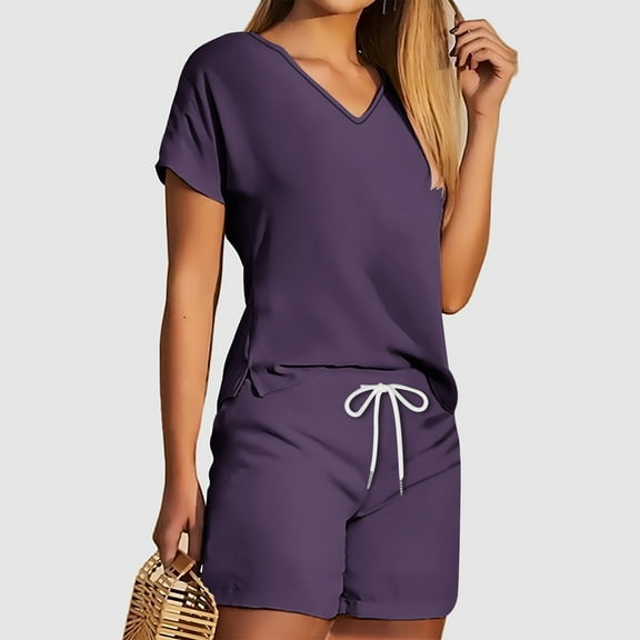 Viluyesy V-Neck T-Shirt and Shorts Set for Womens Solid Color Tops Elastic Waist Short Pants Shirt and Shorts Sets Two PC Purple Size S