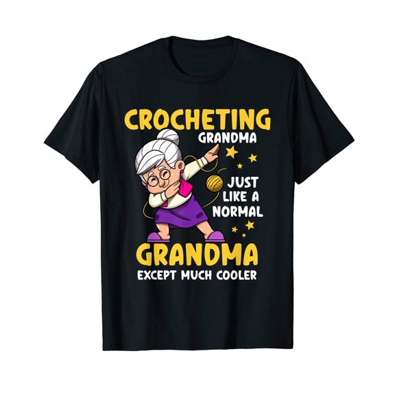 Playful Cartoon Grandma Crocheting T-Shirt for Craft Lovers and Humor Enthusiasts