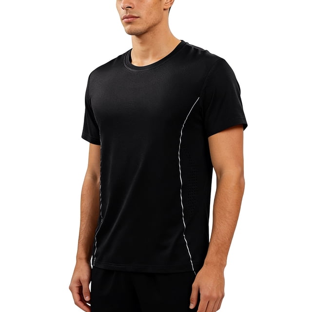Ceisia Men's Slim Fit Quick-Dry Athletic T-Shirt with Contrast Piping and Mesh Ventilation Black L Gifts