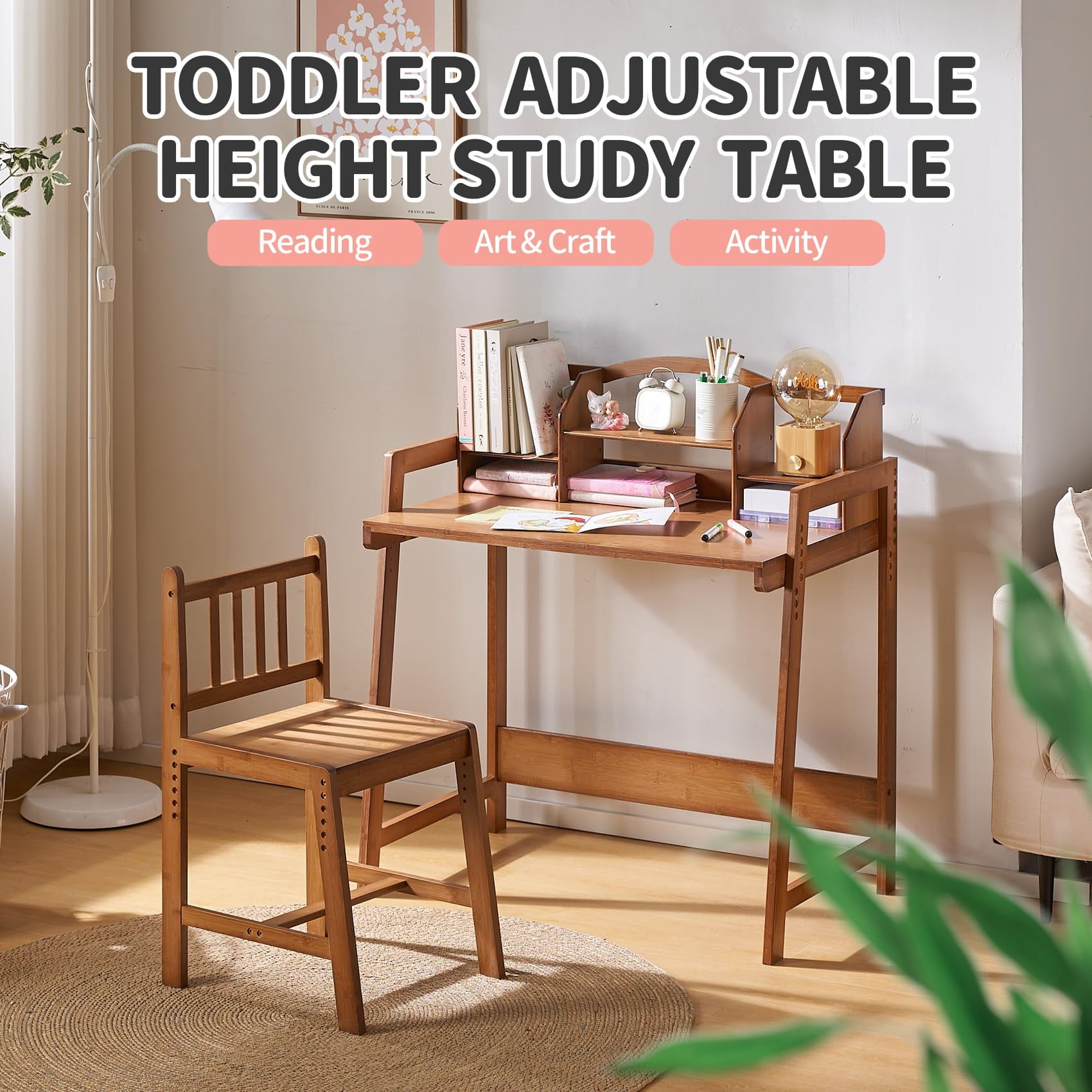 UNICOO® Height Adjustable Bamboo Kids Desk and Chair Set - Ergonomic Kid Desk and Chair Set for Study, Writing, and Homework - Durable and Eco-Friendly Kids' Desks (Antique Brown 01)