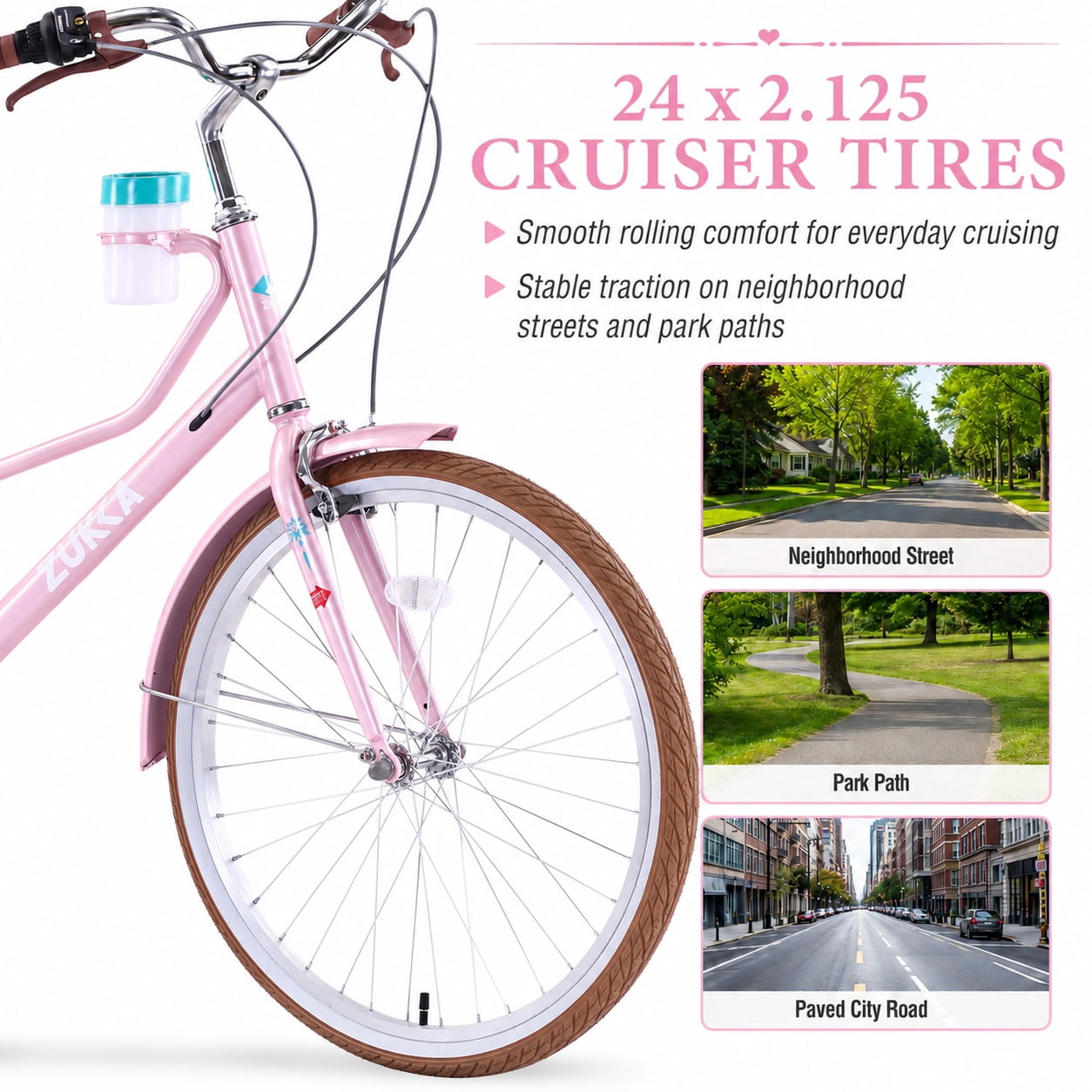 Aukfa 24 Inch Women's Cruiser Bike, 6-Speed Step-Through Commuter Bicycle with Cup Holder & Rear Rack,Pink