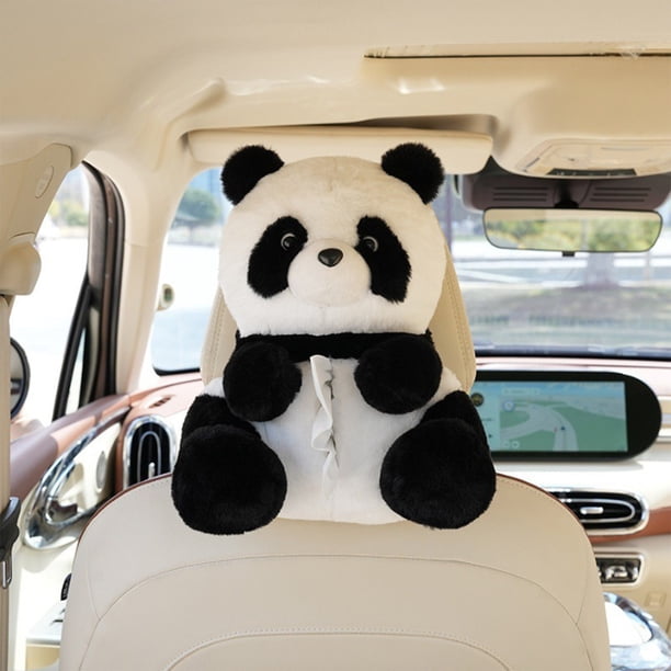 Organizador colgante para caja de pañuelos de coche | Diseño de panda de peluche | Tejido de poliéster | Hebilla para sujetar al respaldo del asiento | Cierre de cremallera para facilitar su recarga