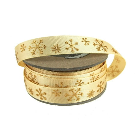 Bow Satin Crystals - Glitter Snow Crystals Holiday Christmas Satin Ribbon, 5/8-Inch, 9 Yards, Gold
