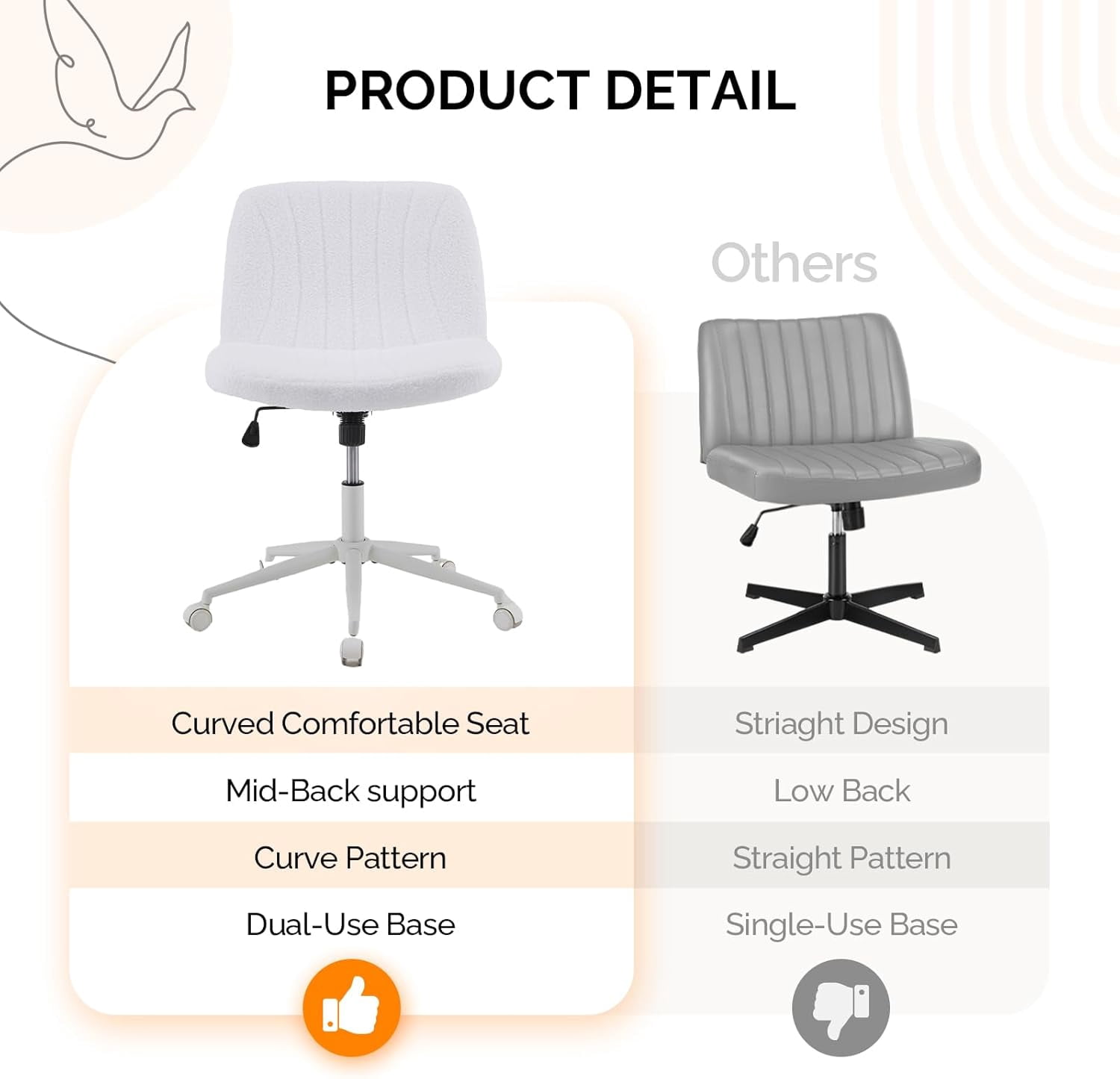 JOYMOR Modern Vanity Chair Dual-Use with/no Wheels, Armless Criss Cross Legged Chair, Swivel Wide Comfy Office Desk Chair, Computer Chair