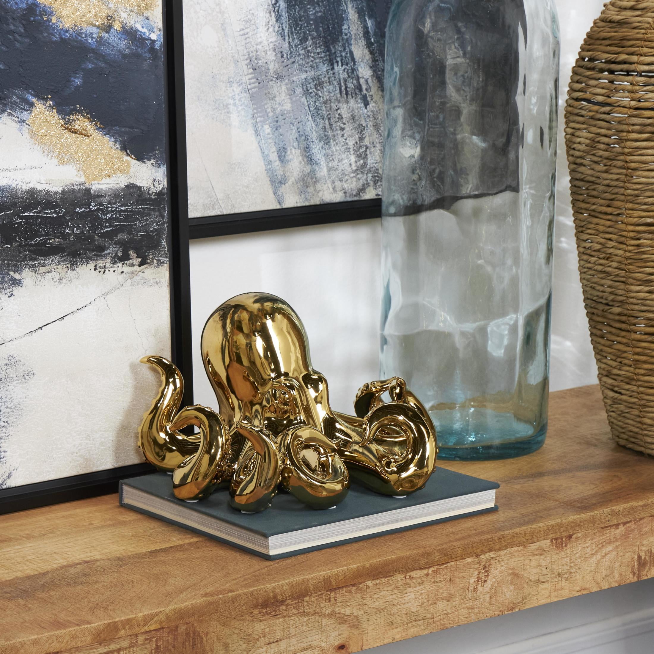 12" x 7" Gold Ceramic Octopus Sculpture with Textured Tentacles, by DecMode
