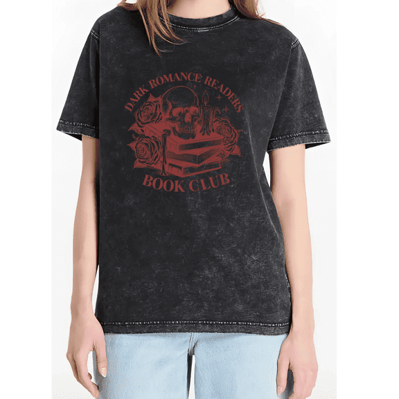 Mineral Wash Black Dark Romance Readers Book Club Skull Rose Candle Gothic Print Tshirt Graphic Tees Shirts Tops S-5XL