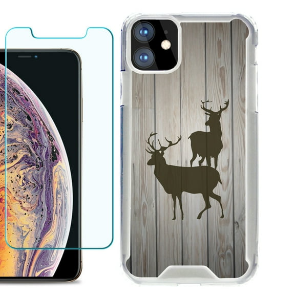 For Apple iPhone 11 Case, Hybrid Bumper Phone Case, with Tempered Glass Screen Protector, by OneToughShield ® - Wood/Deer