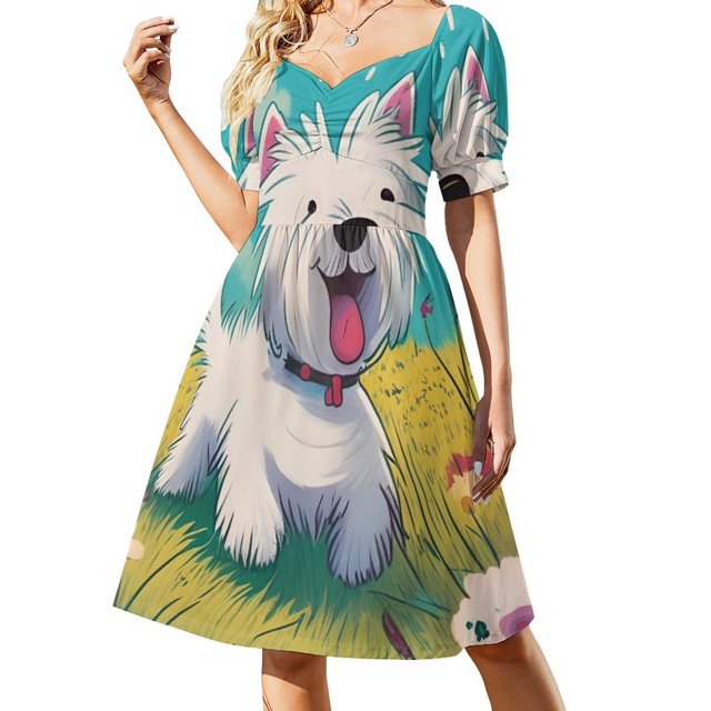Un feliz dibujos animados westie prancando a través de las flores Vestido de manga corta vestido elegante Vestido vintage Traje de verano para mujer