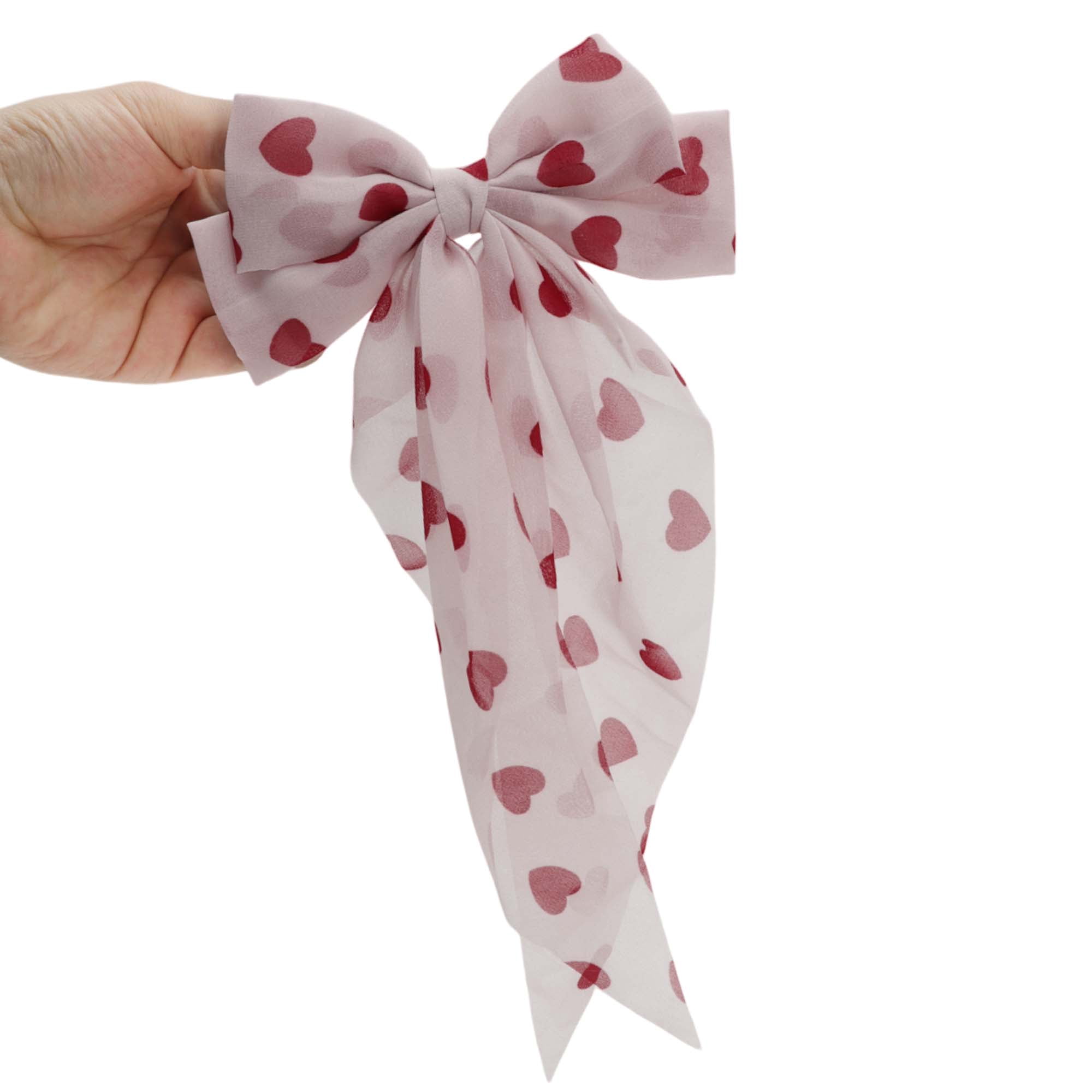 Unique Bargains Cute Heart Shaped Printed Bow Ribbon Spring Hair Clips Dark Red White Pink 3 Pcs