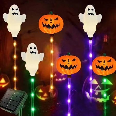 Marryso 2024 Upgraded Solar Halloween Lights Outdoor Decorations with 8 Lighting Modes, 6 Pack Orange and Purple LED Pumpkin & Ghost Stakes for Yard, Party, Garden, IP65 Waterproof