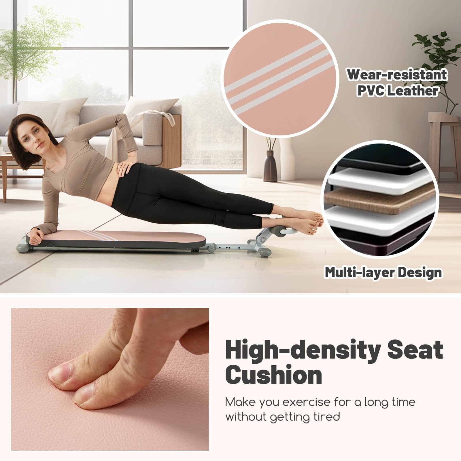 Favory Multifunctional Sit Up Bench, Workout Bench w/3 Gear Adjustable Angles & Adjustable Length, Foldable Design, Versatile Fitness Equipment for Home Gym,Pink