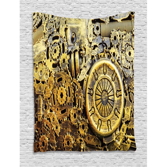 Steampunk Tapestry, Vintage Machinery Close Up Image Print with Rusty Mechanical Elements, Wall Hanging for Bedroom Living Room Dorm Decor, 60W X 80L Inches, Yellow Grey Dark Brown, by Ambesonne