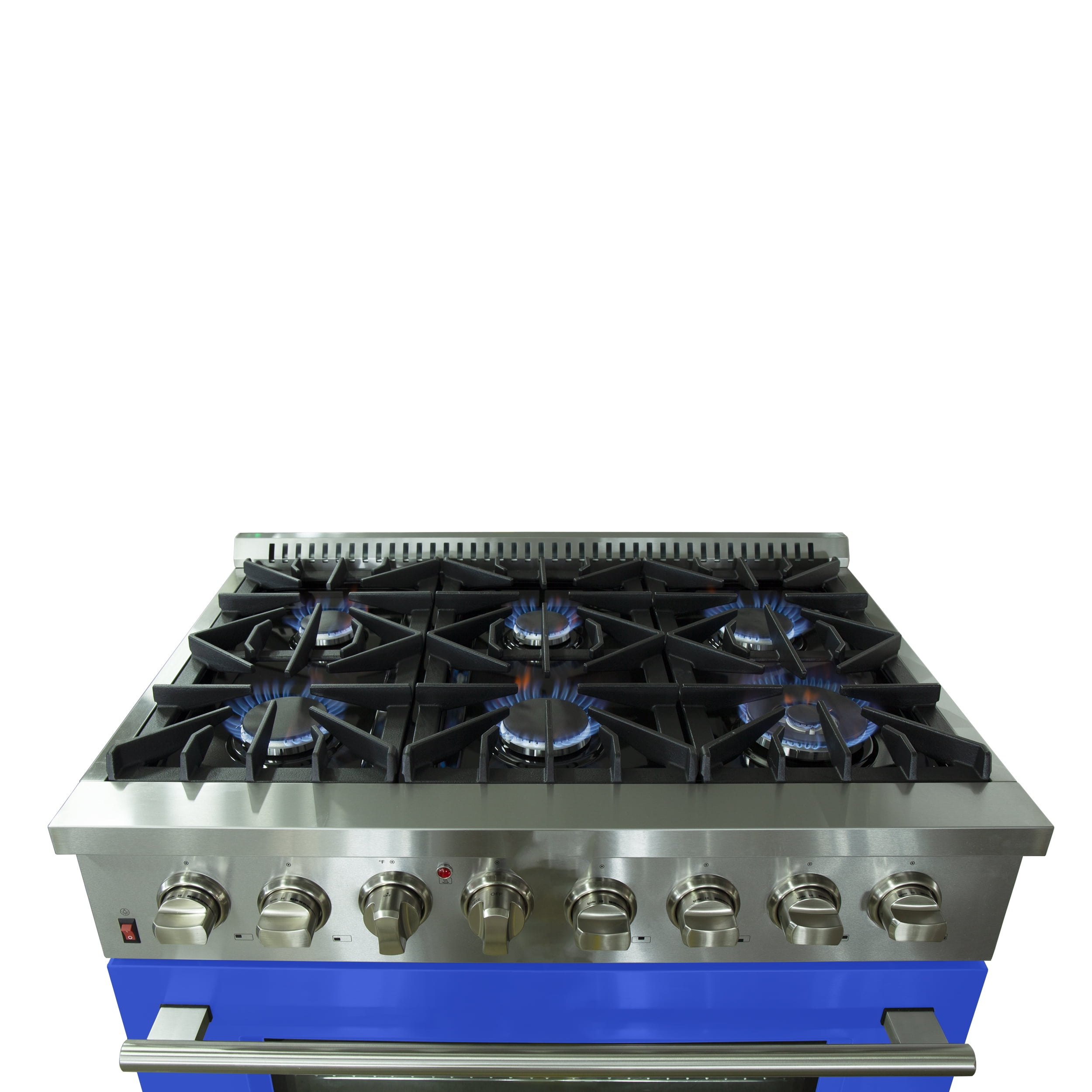 Forno Galiano 36-Inch Freestanding Dual Fuel Range, 6 Burners, Double Convection Ovens, Blue Door