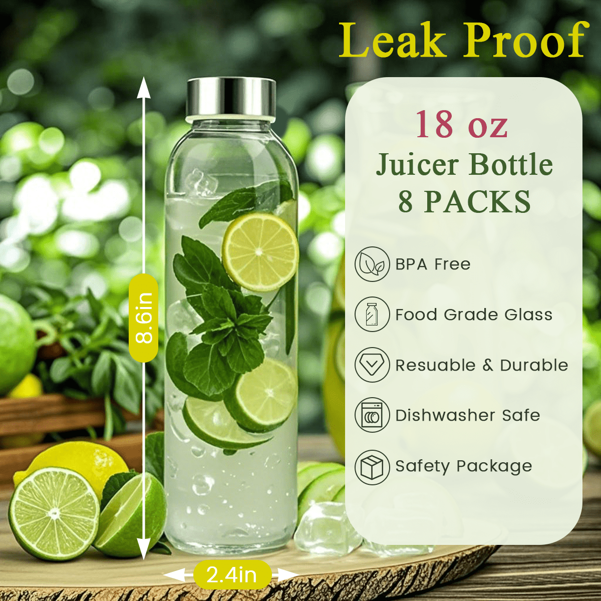 GPED 18 oz Clear Glass Bottles with Lids, Reusable Glass Water Bottles Set of 8 with Stainless Steel Cap for Juicing, Refrigerator,100% Leak Proof, ECO Friendly, Bpa Free, Dishwasher Safe