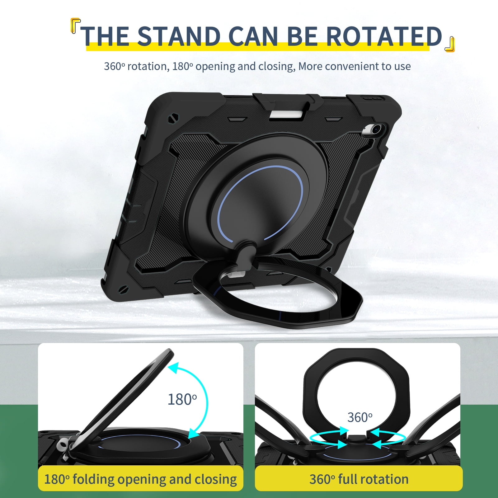 Allytechgroup for iPad Air 13 inch M2 Case 2024 with Pencil Holder, 360° Rotating Handle Grip Stand Cover Heavy Duty Military Grade Protection Rugged Shockproof Kickstand Case for Kids Girls, Black