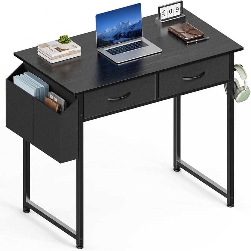 Kelno 32 Inch Computer Desk with 2 Fabric Drawer Storage Bag Iron Headphone Hook Vanity Writing Table, Black