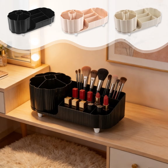 Rotating Makeup Brush Organizer, 360° Smooth Spinning Cosmetic Storage Box with Multiple Compartments, Sturdy for Lipstick Eyeshadow Pencils Vanity Desk Makeup Display Stand, Black