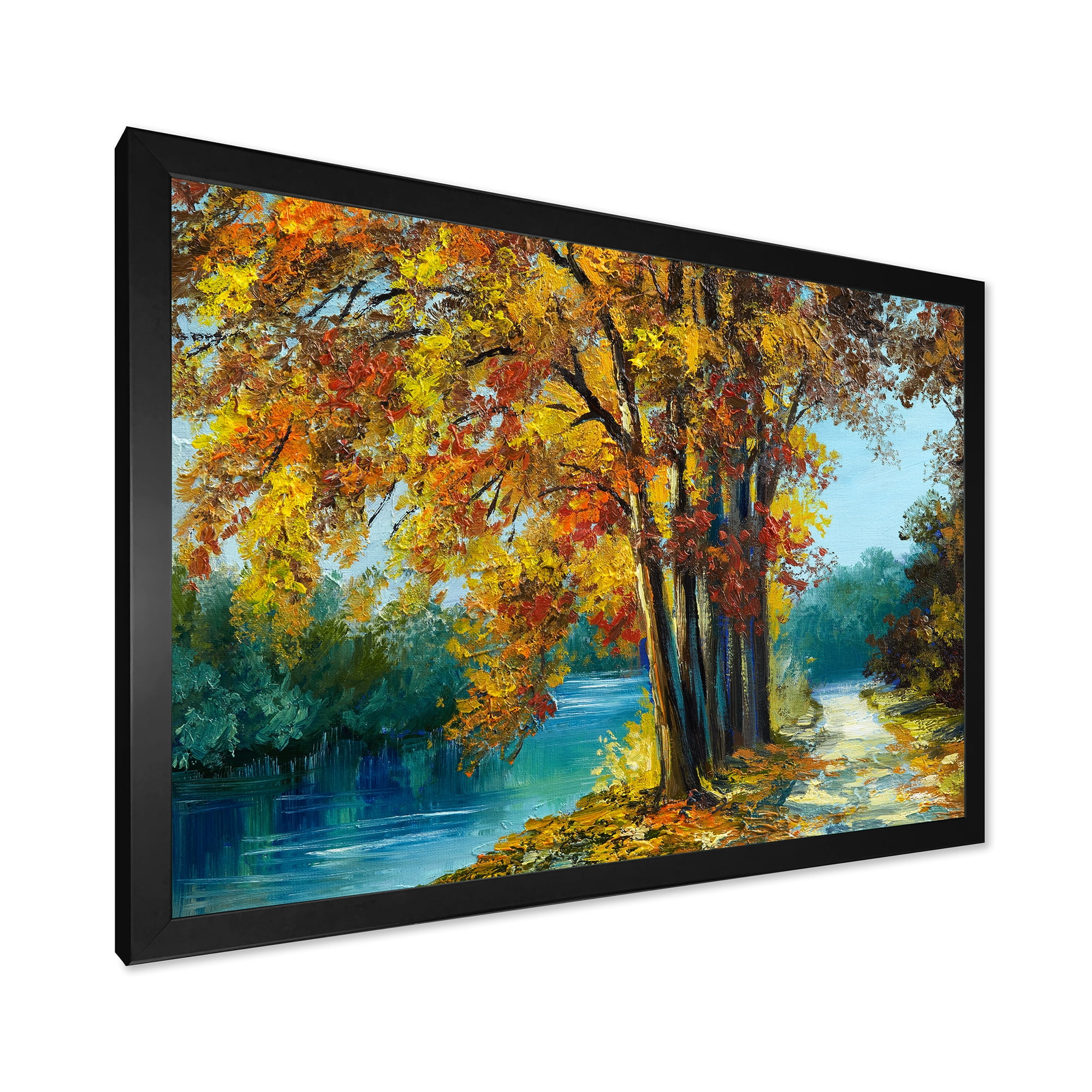 Designart 'Abstract Trees In Warm Autumn Colors By Bright Blue River' Traditional Framed Art Print