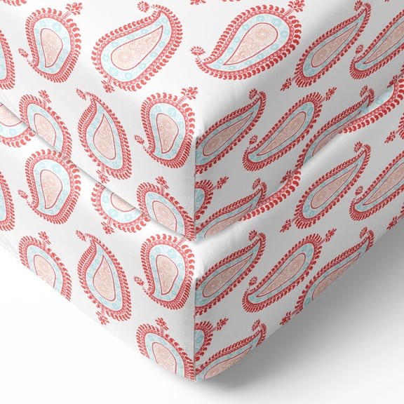 Bacati - Crib or Toddler Bed Fitted Sheet 100% Cotton Percale, Paisley Sophia Coral/Aqua