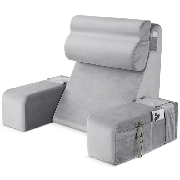 MOONORAH Reading Pillow for Sitting in Bed Adult,Backrest Pillow with Arms,Bed Chair Pillow with Big Pockets for Reading/Gaming/Resting/Watching TV,Medium 19" Grey