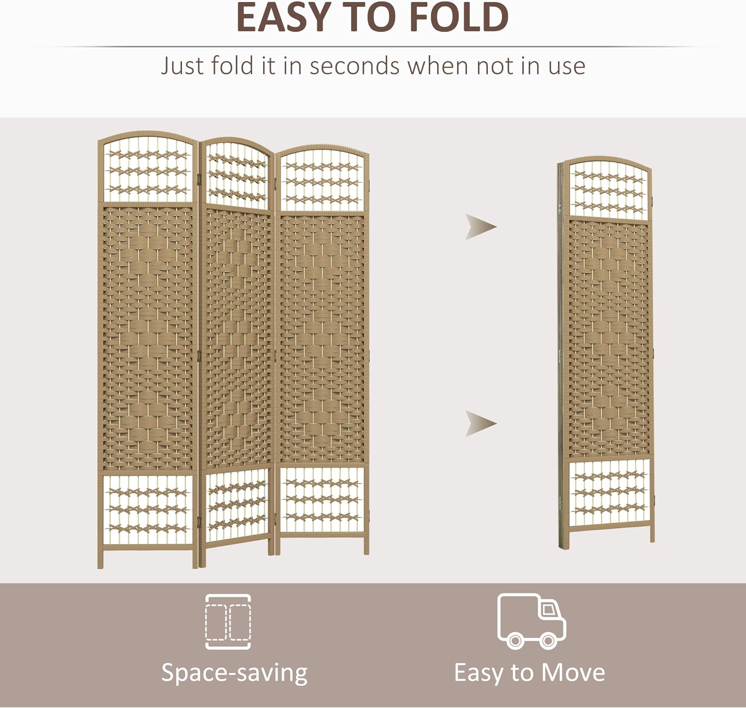 NIUMU 3 Panel Room Divider, Folding Privacy Screen, 5.6' Room Separator, Wave Fiber Freestanding Partition Wall Divider, Natural
