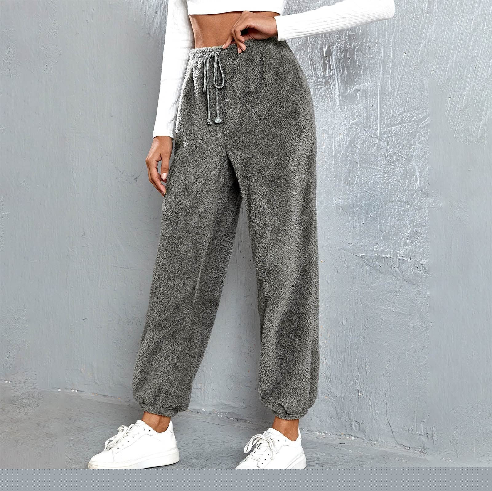 thumbnail image 5 of Women's Faux Lamb Fleece Sweatpants Elastic Waist Drawstring Solid Cuffed Loungewear Joggers with Pockets Gray L, 5 of 6