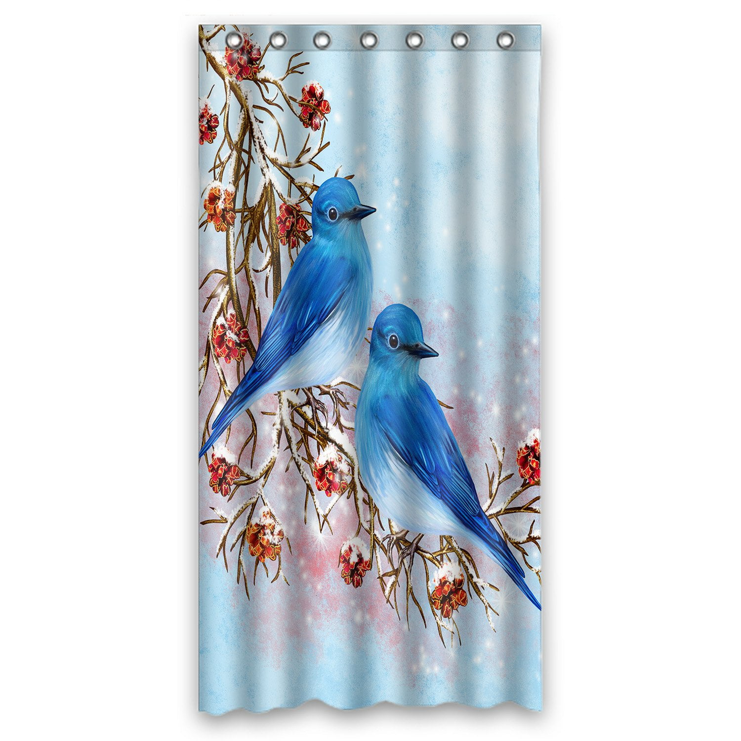 PHFZK Winter Landscape with Berries Snow Shower Curtain, Blue Birds Sitting on Branch Polyester