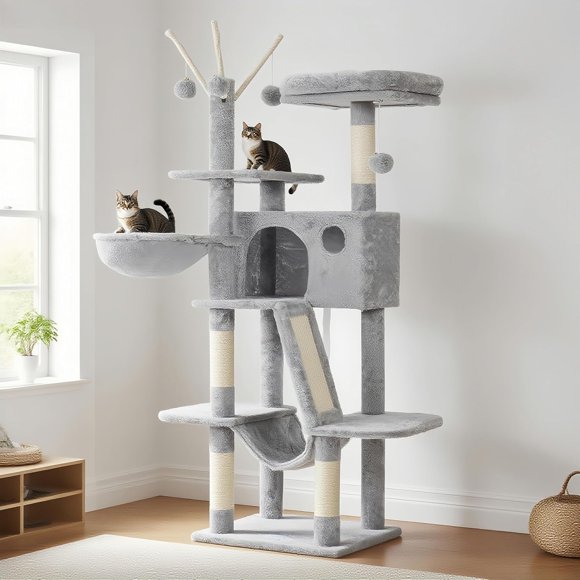 Cat Tree Cat Tower for Indoor Cats Cat House with Padded Platform Bed Toy Balls Large Cozy Condo Hammocks and Sisal Scratching Posts Smoky MPJSG